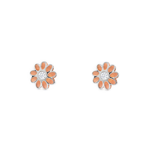 9ct two color gold Flower Cubic Zirconia Earrings Matte Shine