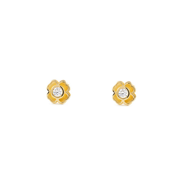 9ct Yellow Gold Trebol Cubic Zirconia Children's Girls Earrings Matte Shine