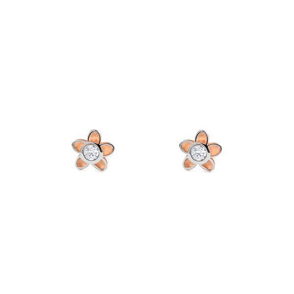 9ct two color gold Daisy Flower Cubic Zirconia Children's Girls Earrings Matte Shine