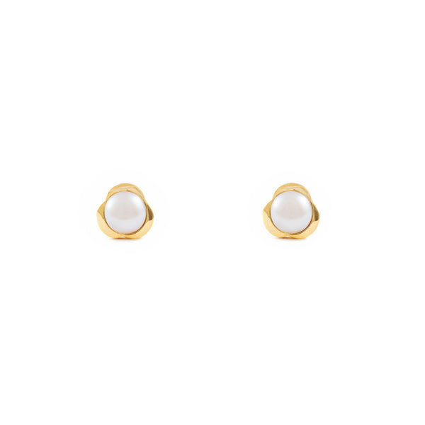 Pendientes Bebe-Niña Oro Amarillo 9K Perla Botón 4 mm Trebol Brillo