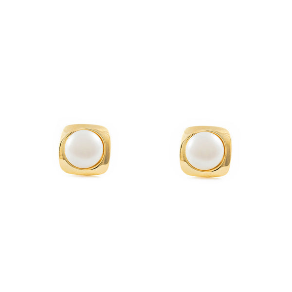 Pendientes Mujer-Niña Oro Amarillo 9K Perla Botón 6 mm Cuadrado Brillo