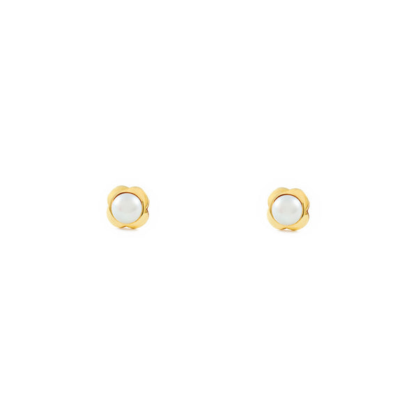 Pendientes Bebe Oro Amarillo 9K Perla Botón 3 mm Trebol Brillo