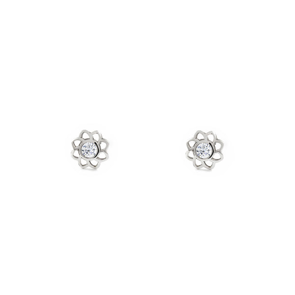 Pendientes Bebe-Niña Oro Blanco 9K Flor Circonita Brillo