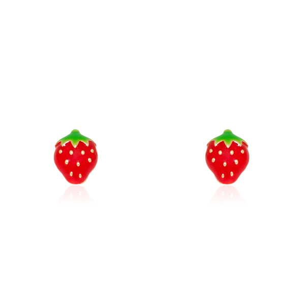 18ct Yellow Gold Red-Green Enamel Strawberries Children's Girls Earrings shine