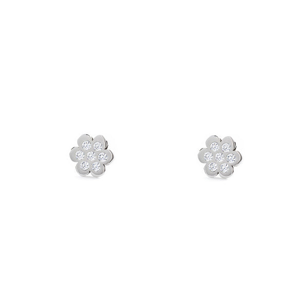 Pendientes Niña Oro Blanco 9K Flor Circonitas Brillo