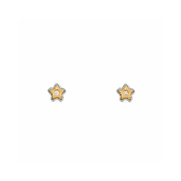 9ct two color gold Star Cubic Zirconia Children's Baby Girls textured Earrings