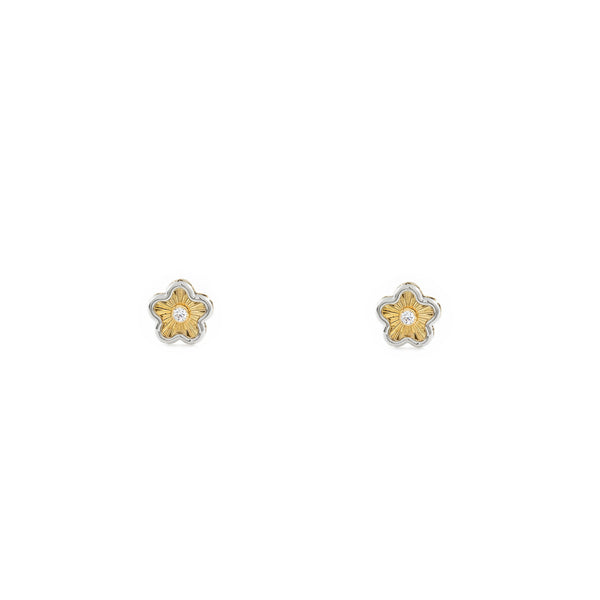 9ct two color gold Daisy Flower Cubic Zirconia Children's Baby Girls textured Earrings