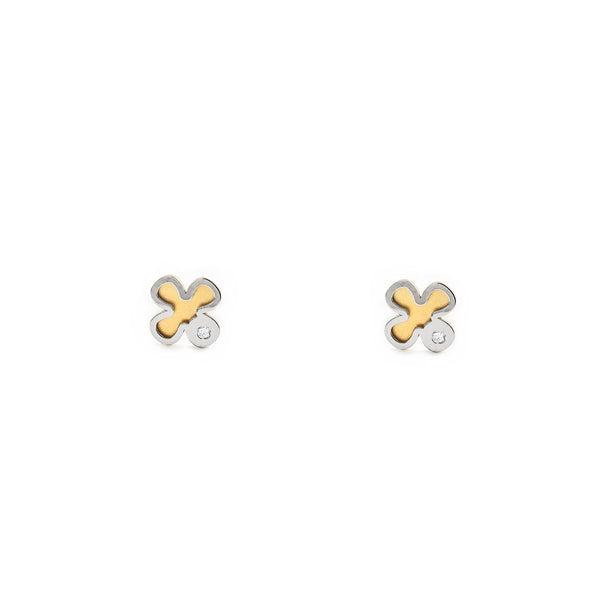 9ct two color gold Trebol Cubic Zirconia Children's Baby Girls Earrings Matte Shine