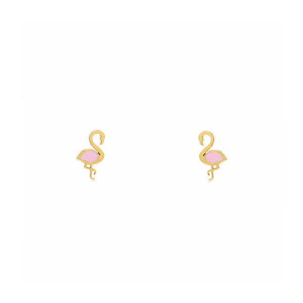 9ct Yellow Gold Pink Enamel Flamingo Children's Girls Earrings shine