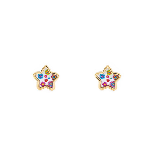 9ct Yellow Gold Nacre Star Multicolored enamel Children's Girls Earrings shine