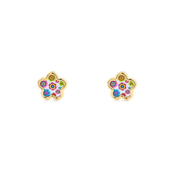 Pendientes Niña Oro Amarillo 9K Nacar Flores Multicolor Brillo