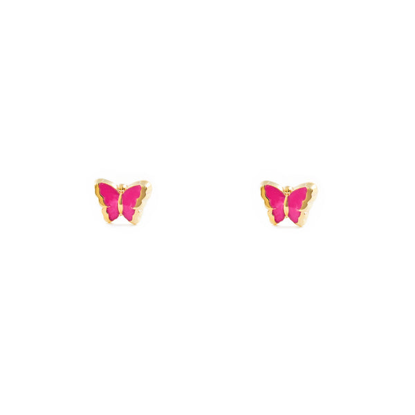 9ct Yellow Gold Intense Pink Enamel Butterfly Children's Baby Girls Earrings shine
