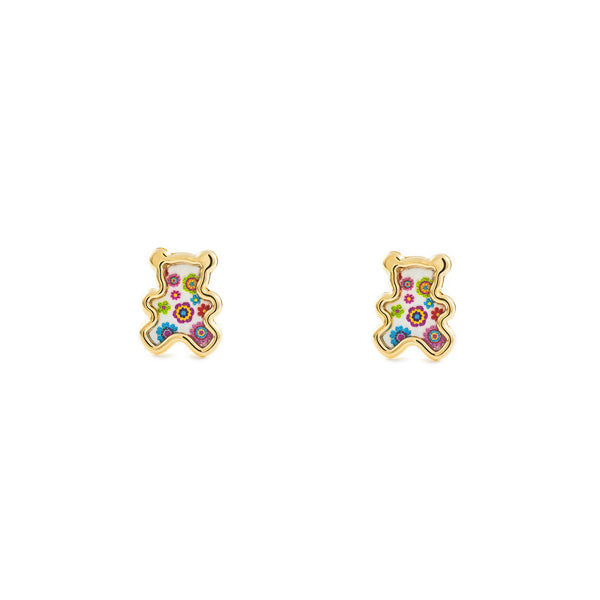 9ct Yellow Gold Nacre Bear Multicolored enamel Children's Girls Earrings shine