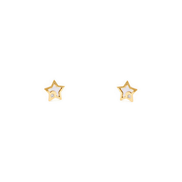 Pendientes Bebe-Niña Oro Amarillo 9K Nacar Estrella Circonita Brillo