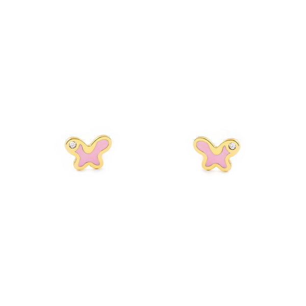 9ct Yellow Gold Pink Enamel Butterfly Cubic Zirconia Children's Baby Girls Earrings shine