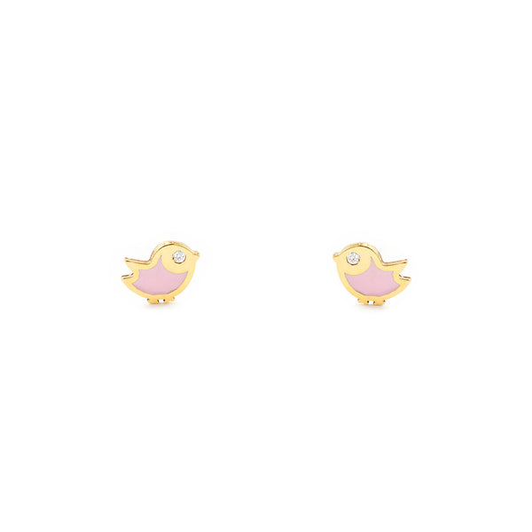 9ct Yellow Gold Pink Enamel Bird Cubic Zirconia Children's Baby Girls Earrings shine