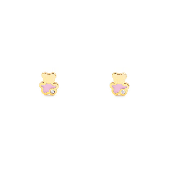 9ct Yellow Gold Pink Enamel Bear Cubic Zirconia Children's Girls Earrings shine