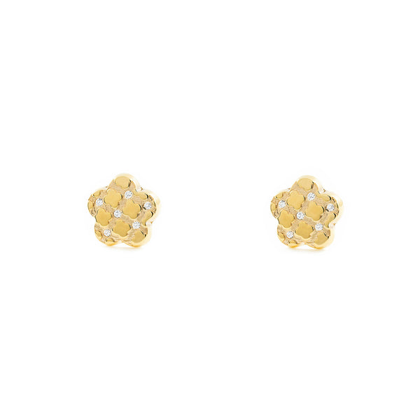 Pendientes Bebe-Niña Oro Amarillo 9K Flor Margarita Circonitas Texturado