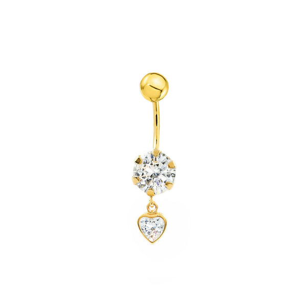 Yellow Gold 9K Navel Heart Cubic Zirconia Shine Piercing