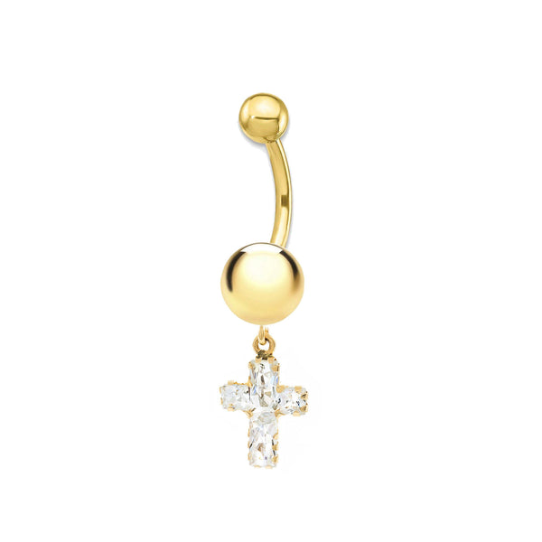 Piercing Oro Amarillo 9K Ombligo Cruz Circonita Brillo