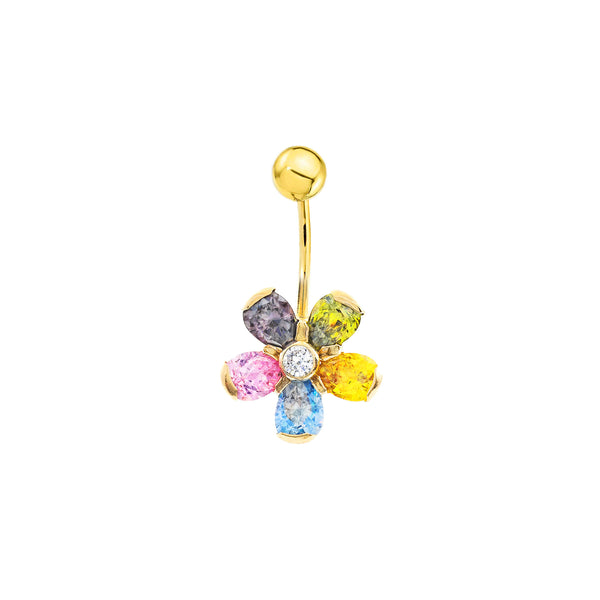 Yellow Gold 9K Navel Piercing with Flower CZ Sparkle