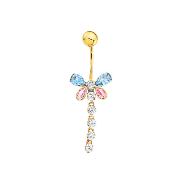 Yellow Gold 9K Navel Butterfly Chain Cubic Zirconia Shine Piercing