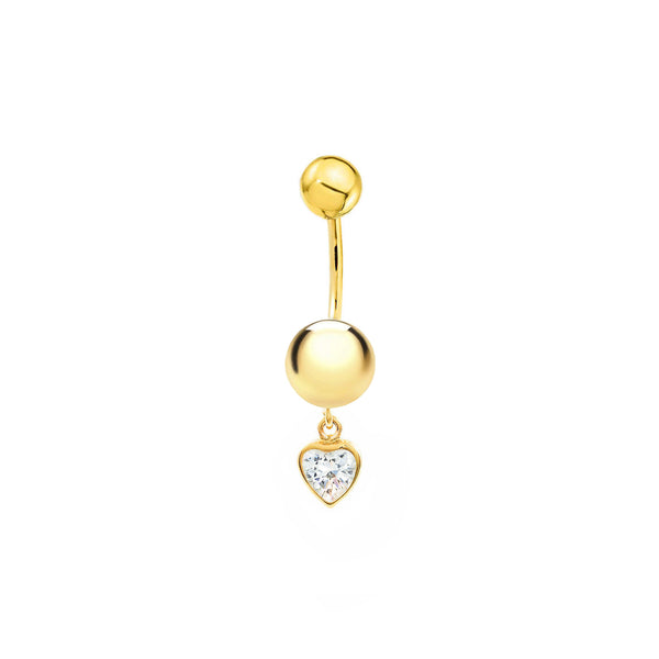 Yellow Gold 9K Navel Heart Cubic Zirconia Shine Piercing
