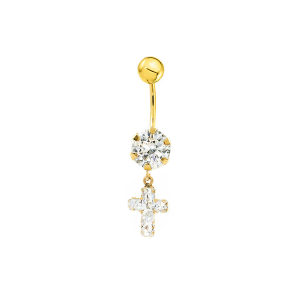 Yellow Gold 9K Navel Piercing Cross Cubic Zirconia Shine