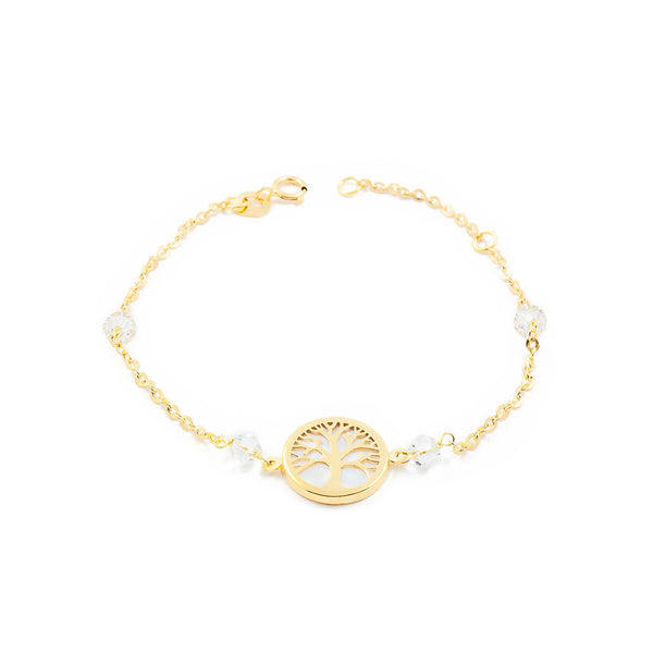 18ct Yellow Gold Pearl Tree of Life Zirconite Girls Bracelet 16 cm