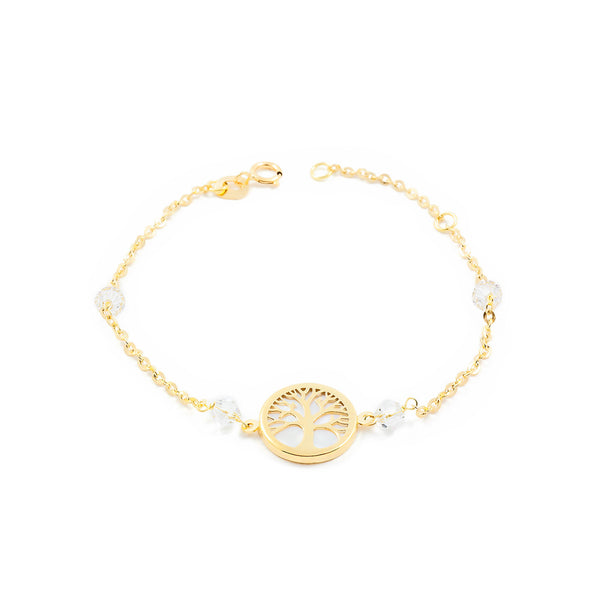 Pulsera Niña Oro Amarillo 18K Perla Arbol de la vida Circonita Brillo 16 cm