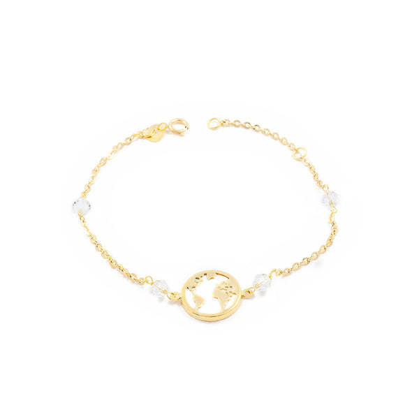 Pulsera Niña Oro Amarillo 18K Nacar Mundo Circonitas Brillo 16 cm