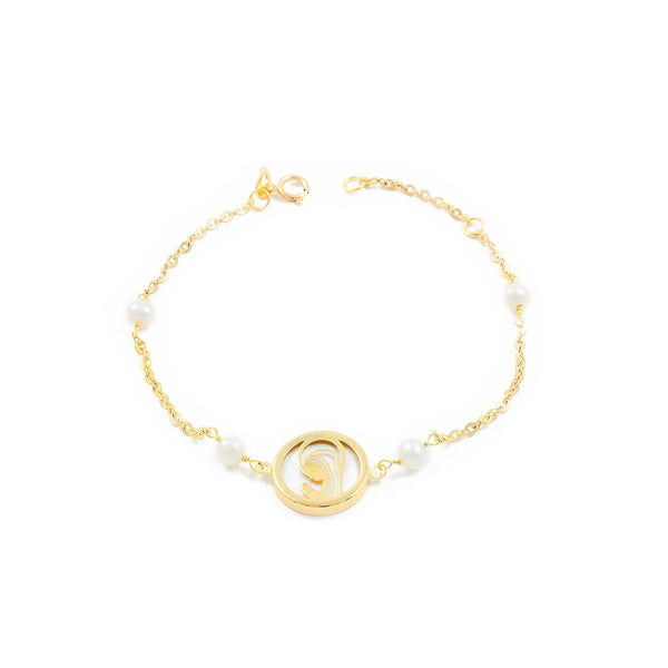 18ct Yellow Gold Round Pearl 4mm Virgin Girl Nacre Matte and Shine Bracelet 17cm