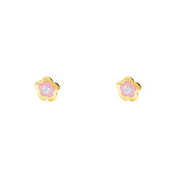 9ct Yellow Gold Pink Enamel Daisy Flower Cubic Zirconia Children's Girls Earrings shine