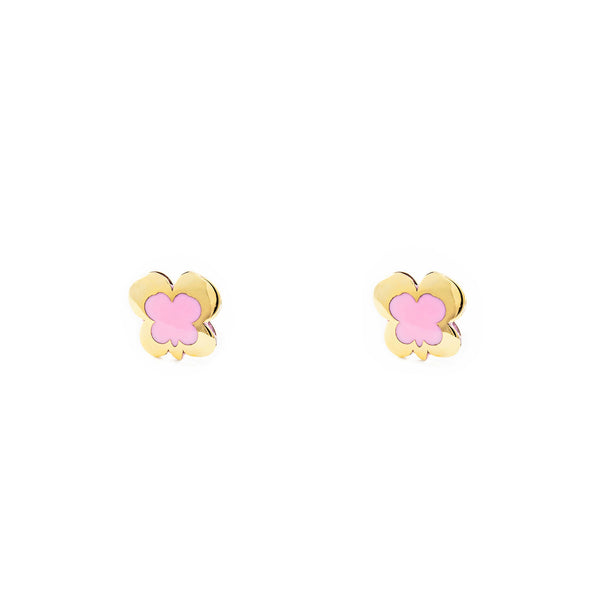 Pendientes Niña Oro Amarillo 9K Mariposa Esmalte Rosa Brillo