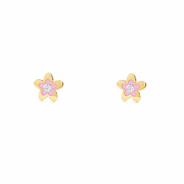 Pendientes Niña Oro Amarillo 9K Flor Esmalte Rosa Circonita Brillo