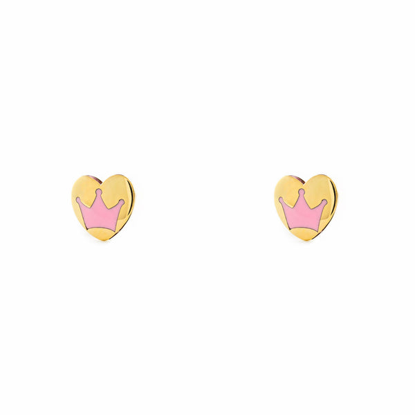 Pendientes Niña Oro Amarillo 9K Corazón Esmalte Rosa Brillo