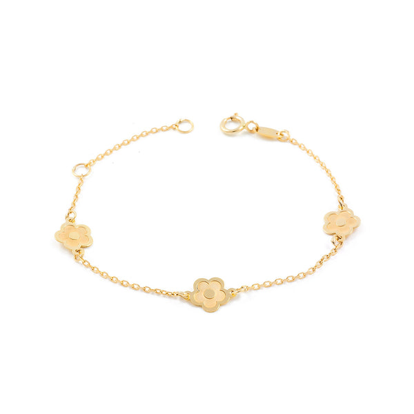 9ct Yellow Gold Girls Bracelet Matte and Shiny Flowers 14 cm