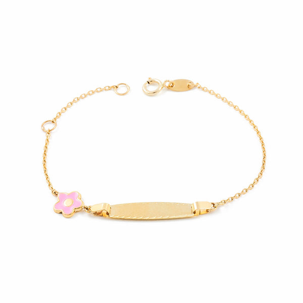 9ct Yellow Gold Personalized Slave Bracelet Matte and Shiny Pink Daisy Flower 14 cm