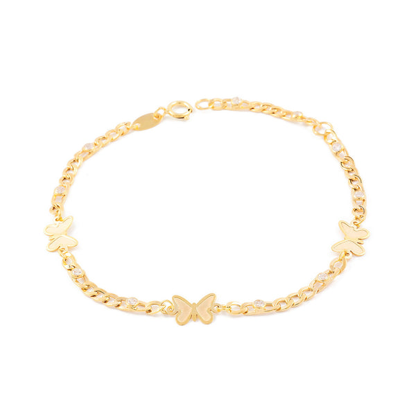 9ct Yellow Gold Butterfly Cubic Zirconia Matte and Shine Girls Bracelet 17 cm