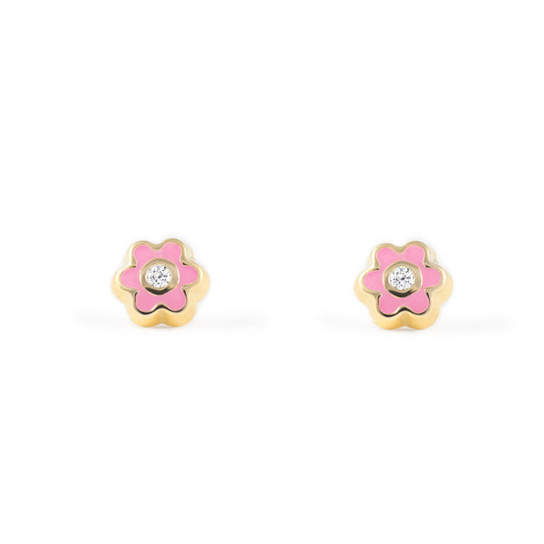 18ct Yellow Gold Light Pink Enamel Daisy Flower Cubic Zirconia Children's Baby Girls Earrings shine