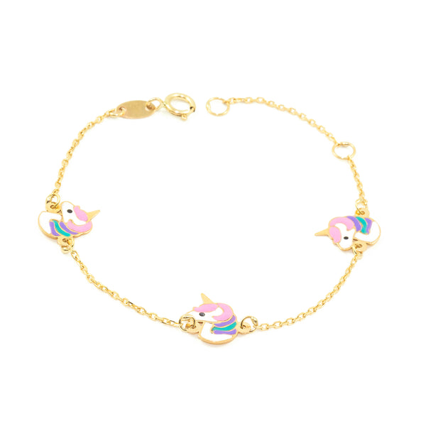 9ct Yellow Gold Multicolor Enamel Unicorn Girls Bracelet 14 cm Shine