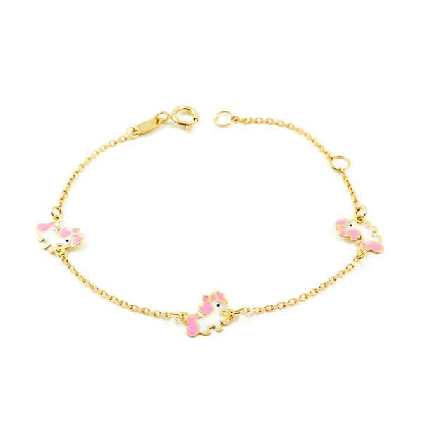 9ct Yellow Gold Girls Bracelet Pink-White Enamel Unicorn Design 14 cm Shine