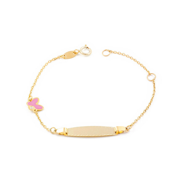9ct Yellow Gold Personalized Butterfly Slave Bracelet Matte and Shiny Pink Zirconite 14 cm