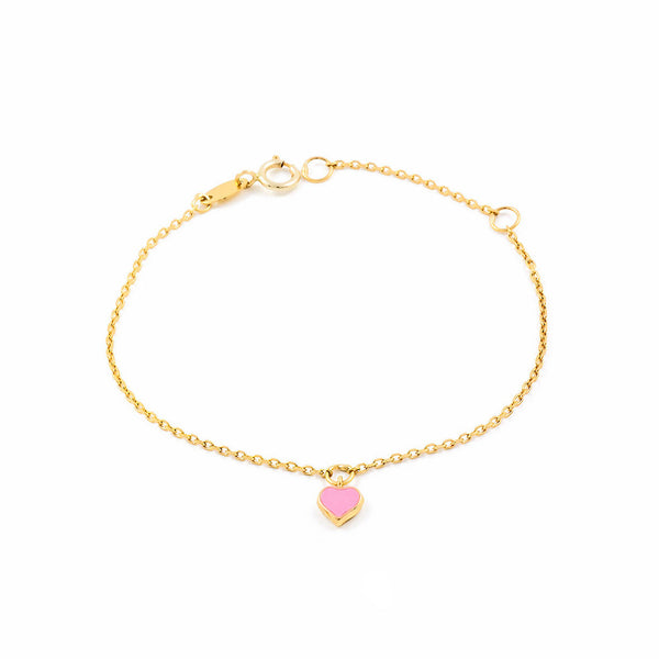 9ct Yellow Gold Enamel Heart Pink Shine Girls Bracelet 14 cm