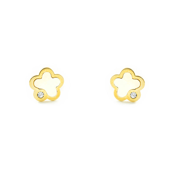 9ct Yellow Gold Nacre Flower Cubic Zirconia Children's Baby Girls Earrings shine