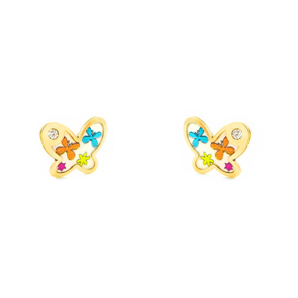 9ct Yellow Gold Multicolored enamel Butterfly Cubic Zirconia Children's Baby Girls Earrings shine