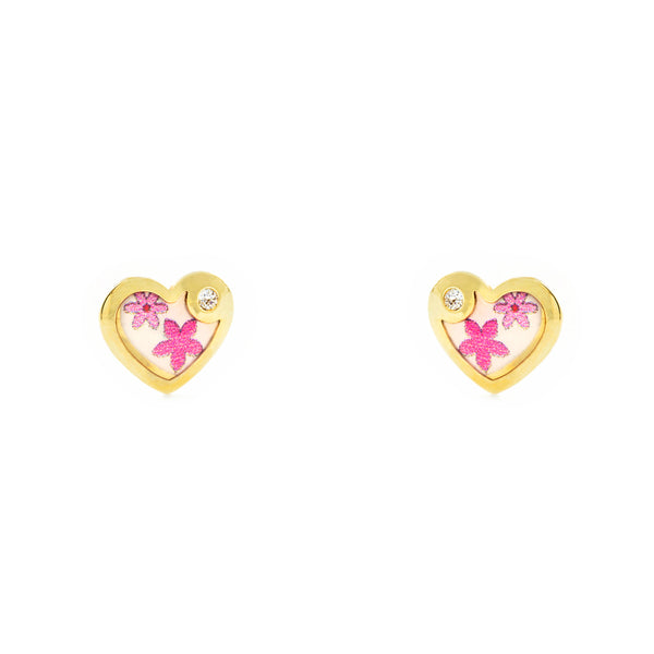 Pendientes Bebe-Niña Oro Amarillo 9K Corazón Esmalte Multicolor Circonita Brillo