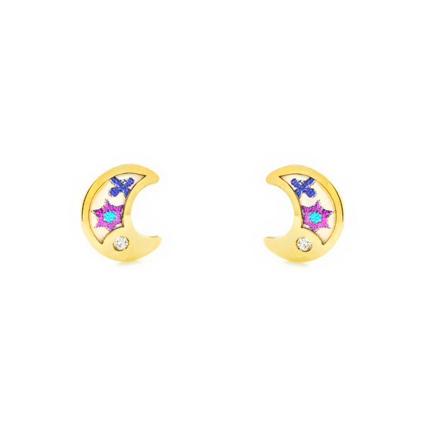 9ct Yellow Gold Multicolored enamel Moon Cubic Zirconia Children's Girls Earrings shine