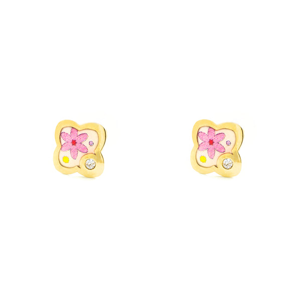 9ct Yellow Gold Multicolored enamel Flower Cubic Zirconia Children's Girls Earrings shine