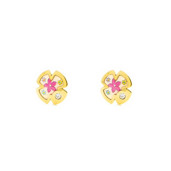 9ct Yellow Gold Multicolored enamel Cross Cubic Zirconia Children's Baby Girls Earrings shine